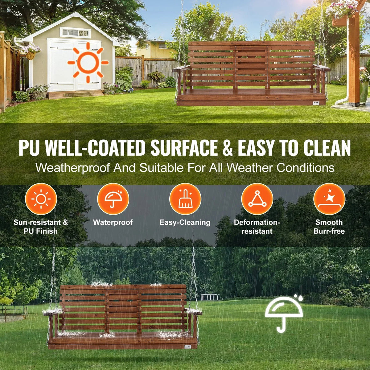VEVOR Wooden Porch Swing 5 ft, Patio bench swing for Courtyard & Garden, Upgraded 880 lbs Strong Load Capacity, Heavy Duty Swing Chair Bench with Hanging Chains for Outdoors, Brown - View 3