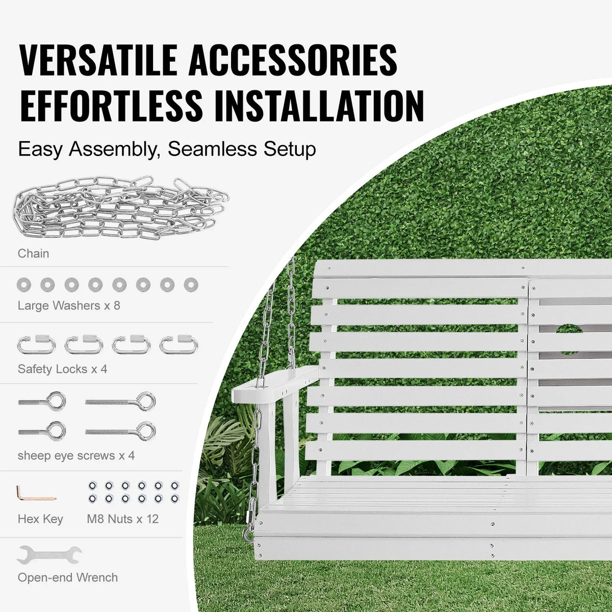VEVOR Wooden Porch Swing 5 ft, Patio bench swing for Courtyard & Garden, Upgraded 880 lbs Strong Load Capacity, Heavy Duty Swing Chair Bench with Hanging Chains for Outdoors, White - View 4