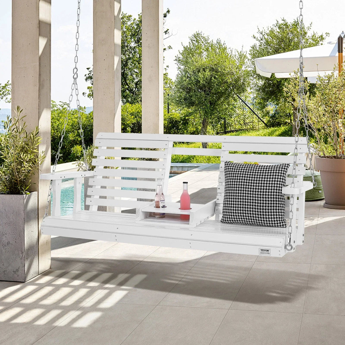 VEVOR Wooden Porch Swing 5 ft, Patio bench swing for Courtyard & Garden, Upgraded 880 lbs Strong Load Capacity, Heavy Duty Swing Chair Bench with Hanging Chains for Outdoors, White - View 7