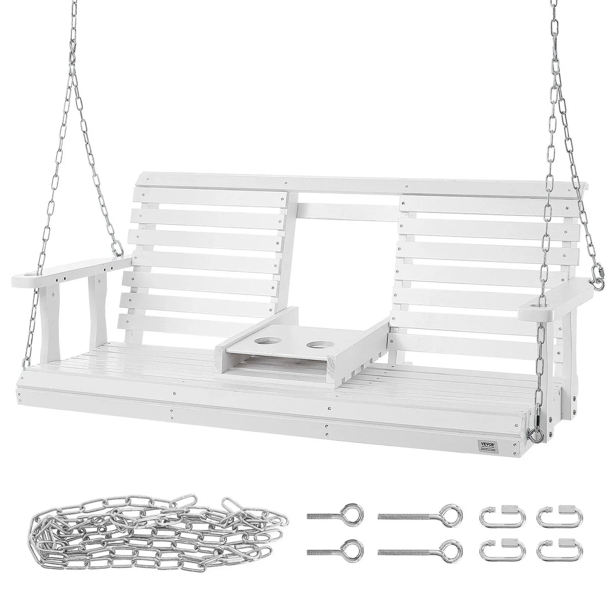 VEVOR Wooden Porch Swing 5 ft, Patio bench swing for Courtyard & Garden, Upgraded 880 lbs Strong Load Capacity, Heavy Duty Swing Chair Bench with Hanging Chains for Outdoors, White - View 8