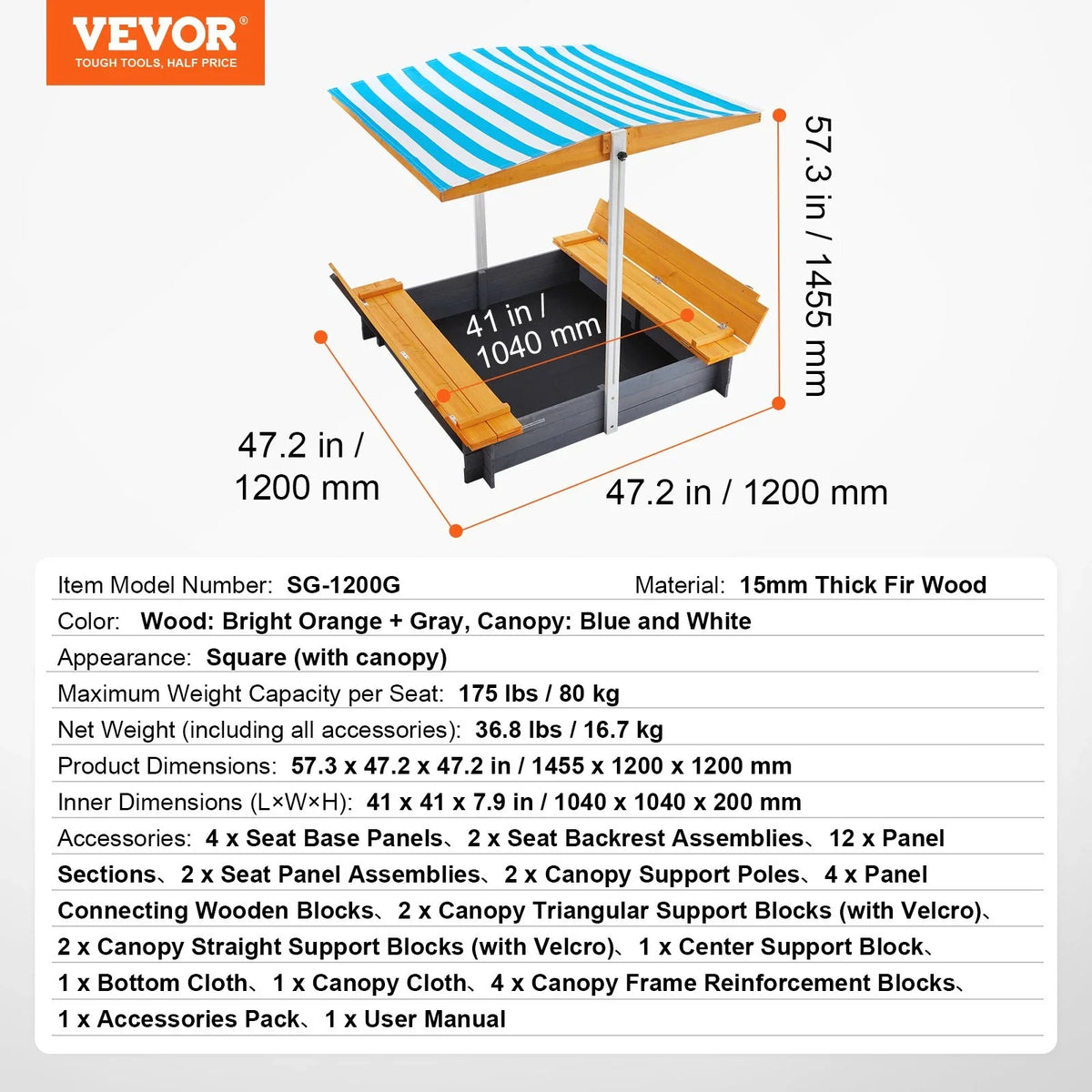 VEVOR Wooden Sandbox with Canopy, 57.3 x 47.2 x 47.2 in Sand Box, Sand Pit with Foldable Bench Seats and Bottom Liner, Natural Wood Kids Sandbox for Outdoor Backyard, Beach, Park, Gift for Ages 3-12 - View 6