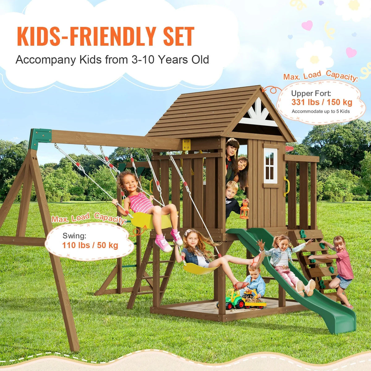 VEVOR Wooden Swing Set 10 IN 1 Outdoor Playground Sets 6 FT Slide Upper Fort - View 2