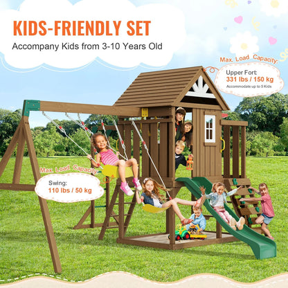 VEVOR Wooden Swing Set 10 IN 1 Outdoor Playground Sets 6 FT Slide Upper Fort - View 2