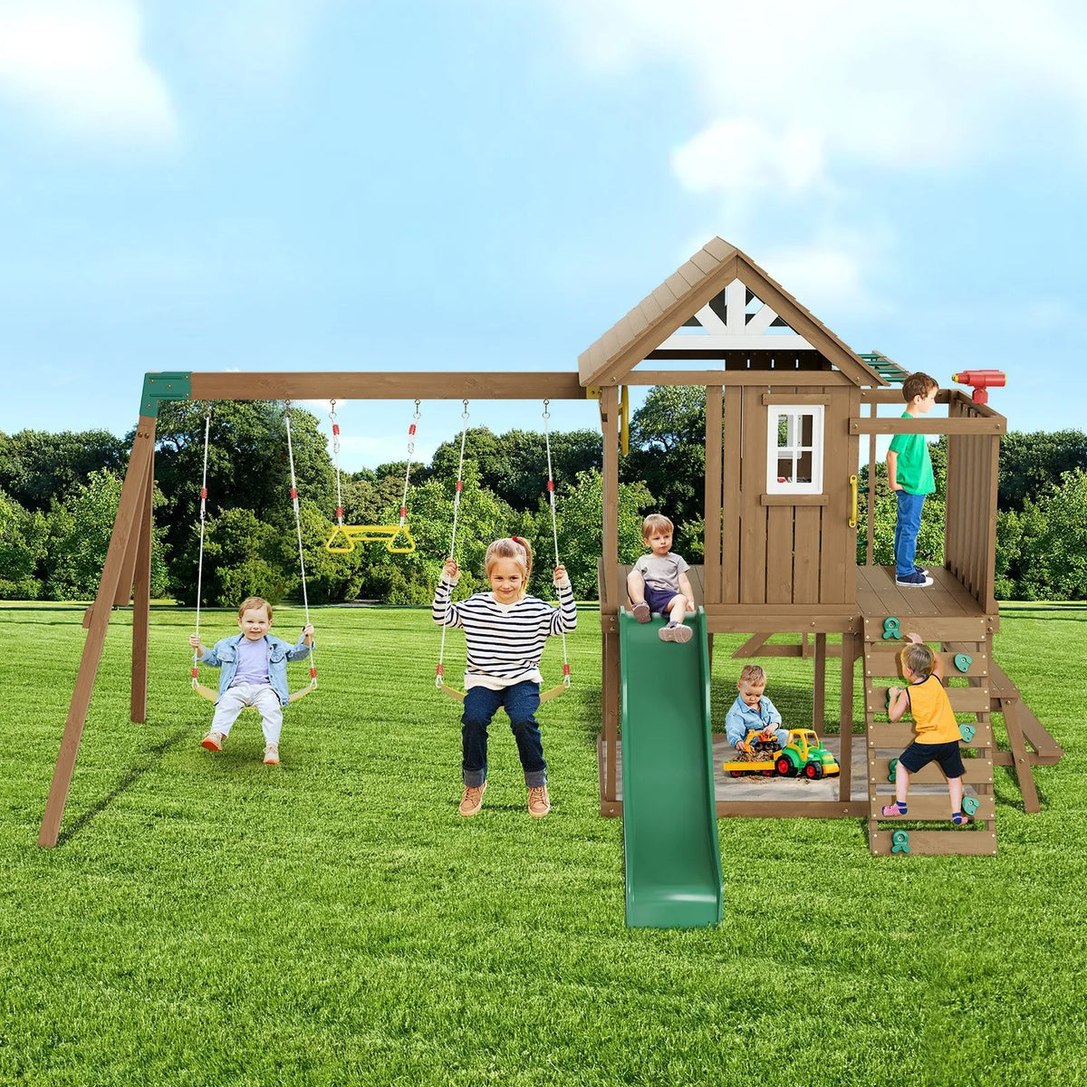 VEVOR Wooden Swing Set 10 IN 1 Outdoor Playground Sets 6 FT Slide Upper Fort - View 7