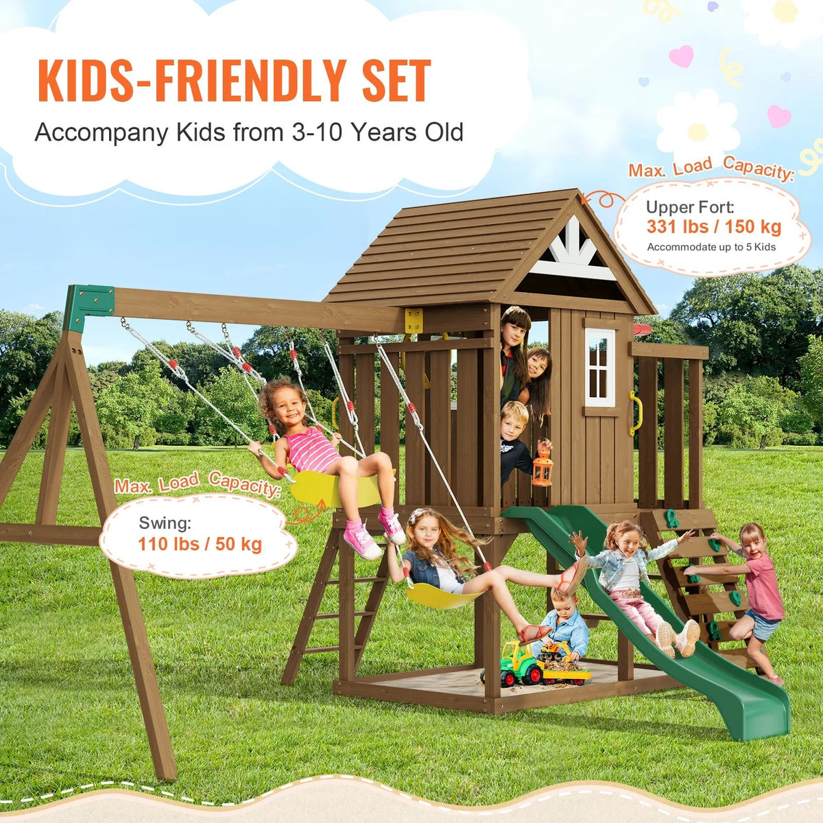 VEVOR Wooden Swing Set 9 IN 1 Outdoor Playground Sets 6 FT Slide Upper Fort - View 2