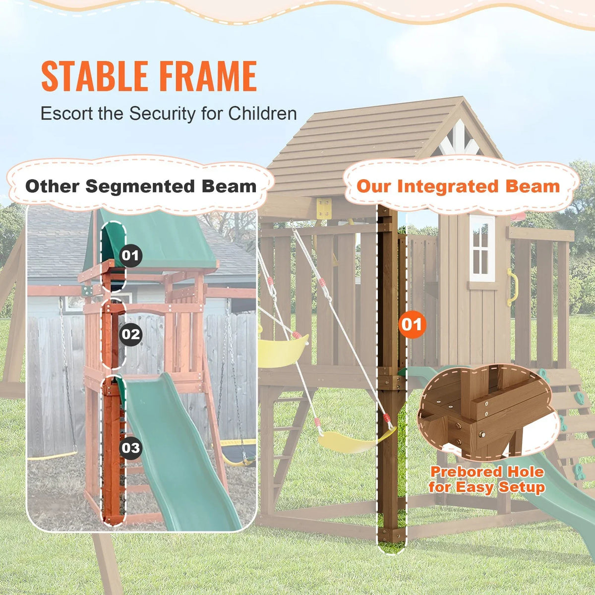 VEVOR Wooden Swing Set 9 IN 1 Outdoor Playground Sets 6 FT Slide Upper Fort - View 3