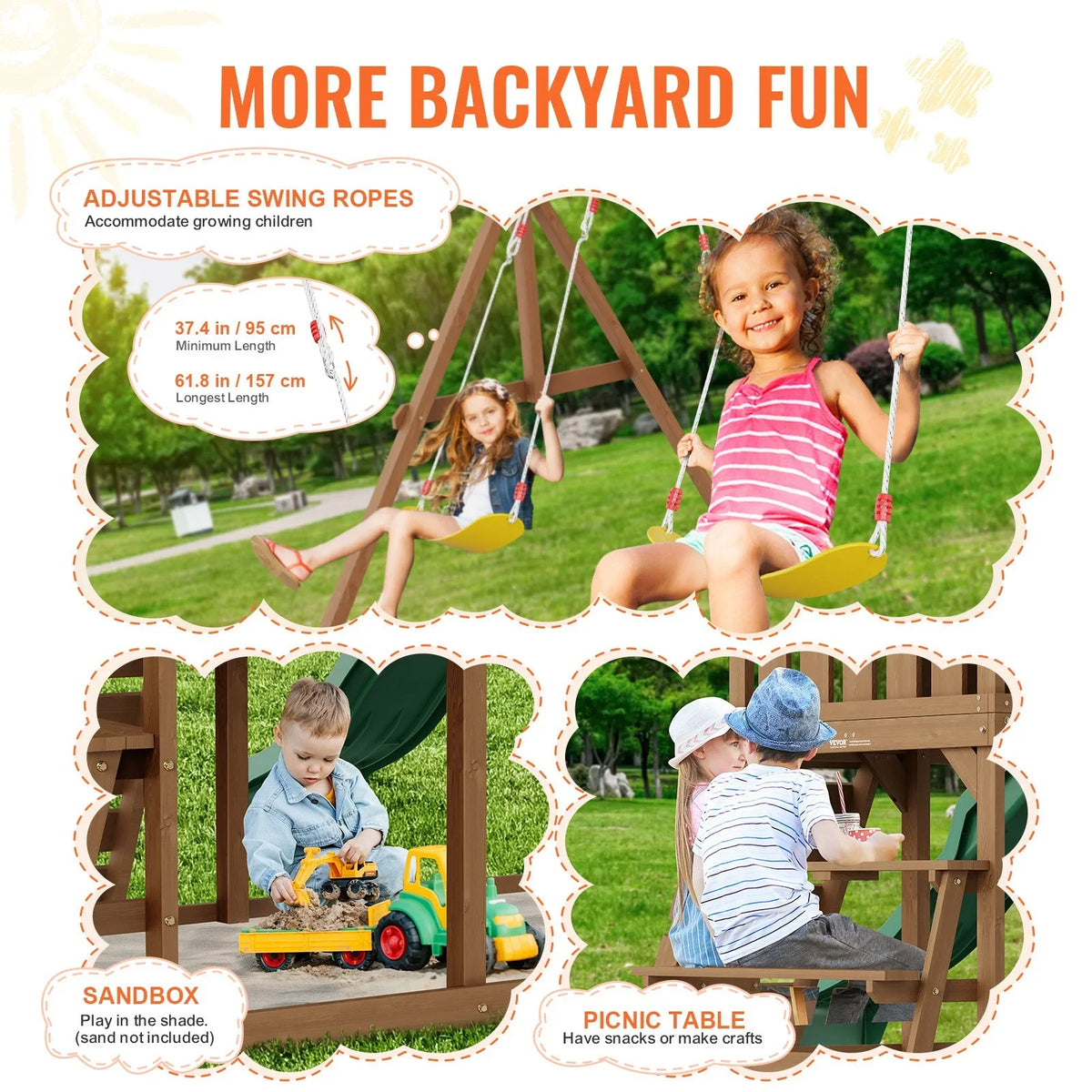 VEVOR Wooden Swing Set 9 IN 1 Outdoor Playground Sets 6 FT Slide Upper Fort - View 6