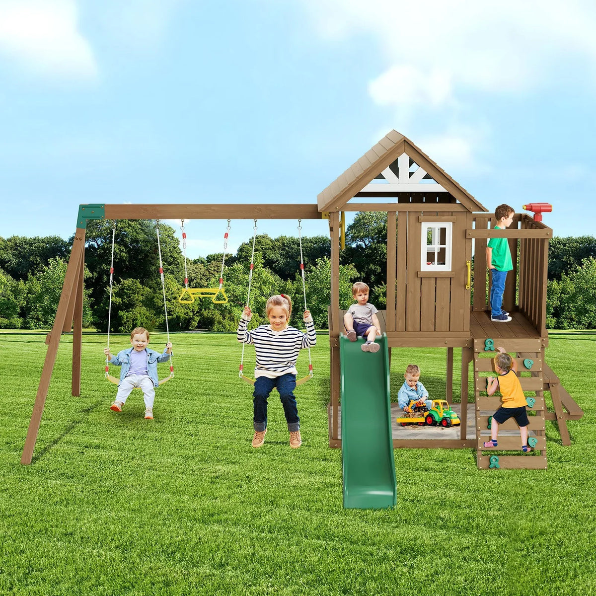 VEVOR Wooden Swing Set 9 IN 1 Outdoor Playground Sets 6 FT Slide Upper Fort - View 7