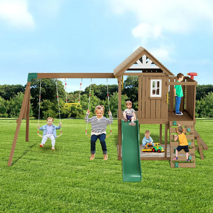 VEVOR Wooden Swing Set 9 IN 1 Outdoor Playground Sets 6 FT Slide Upper Fort - View 7