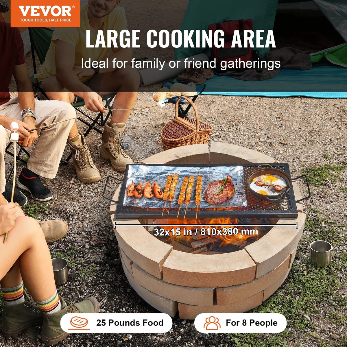 VEVOR X-Marks Fire Pit Grill Grate, Rectangle Cooking Grate, Heavy Duty Steel Campfire BBQ Grill Grid with Handle & Support X Wire, Portable Camping Cookware for Outside Party Gathering, 32 Inch Black - View 2