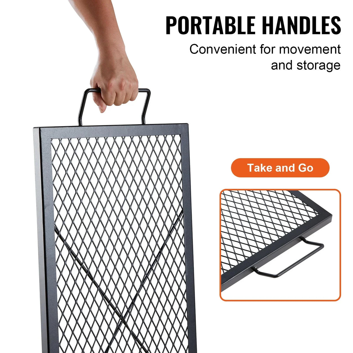 VEVOR X-Marks Fire Pit Grill Grate, Rectangle Cooking Grate, Heavy Duty Steel Campfire BBQ Grill Grid with Handle & Support X Wire, Portable Camping Cookware for Outside Party Gathering, 32 Inch Black - View 5