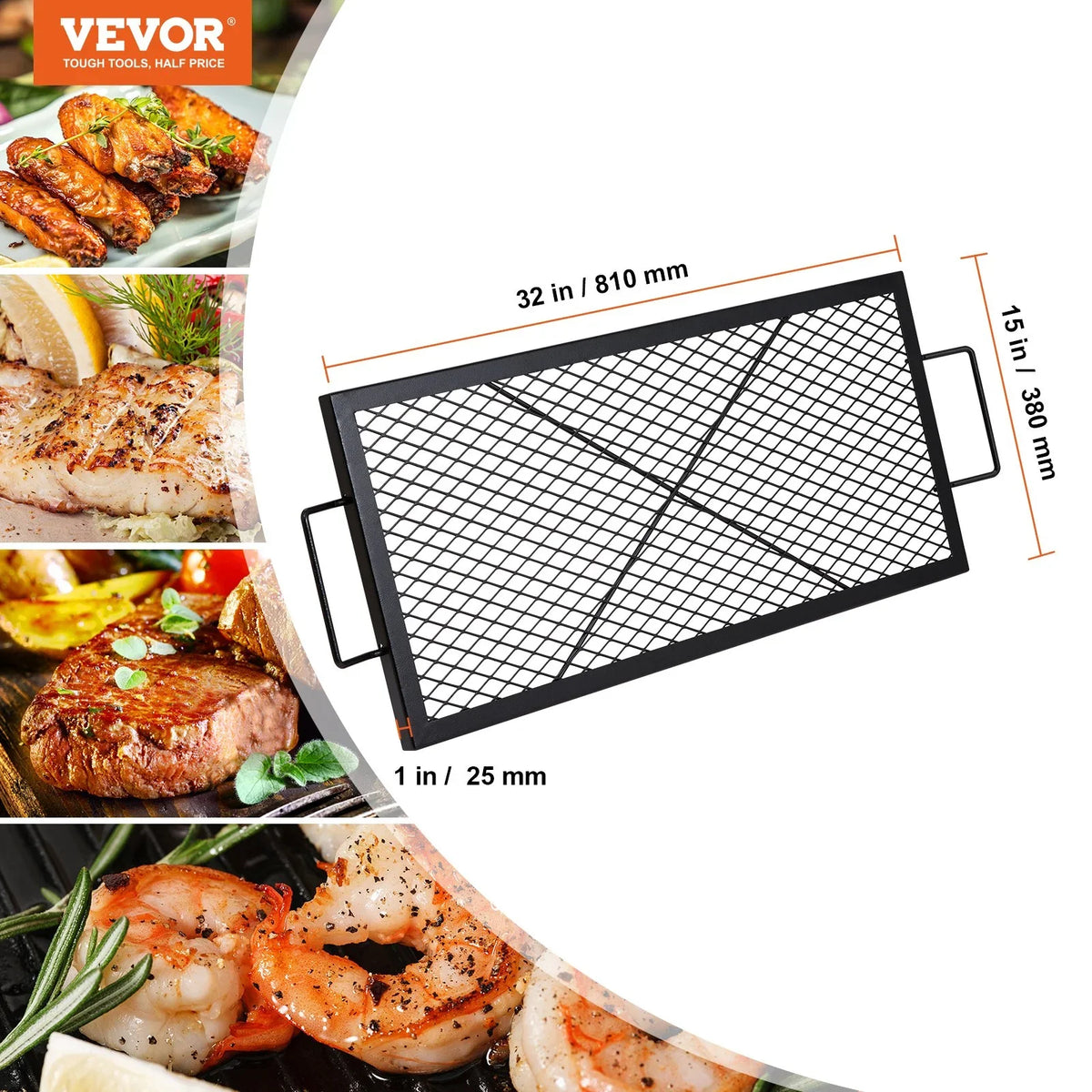 VEVOR X-Marks Fire Pit Grill Grate, Rectangle Cooking Grate, Heavy Duty Steel Campfire BBQ Grill Grid with Handle & Support X Wire, Portable Camping Cookware for Outside Party Gathering, 32 Inch Black - View 7