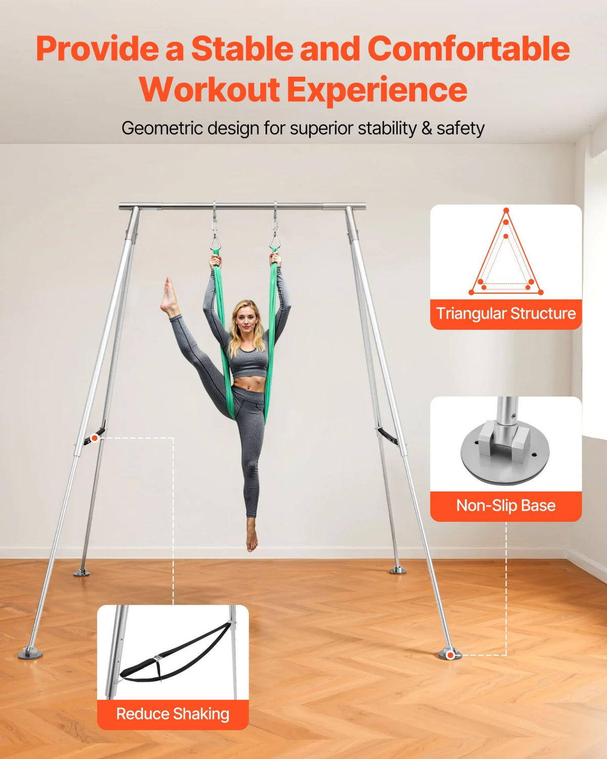 VEVOR Yoga Stand Frame, Max 310 lbs Load Swing Stand, Triangular Structure Pull Up Stands, Aerial Silk Stands with Height Adjustable & Aluminum Frame Legs, Stainless Steel Top Bar - View 4