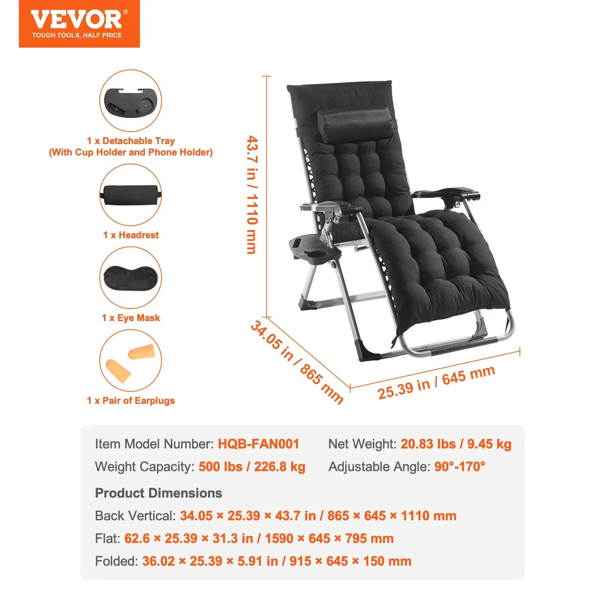 VEVOR Zero Gravity Chair, 26 inch Zero Gravity Recliner Lounge Chair for Indoor and Outdoor, Adjustable Anti Gravity Chair with Cushion, Headrest, Footrest, and Cupholder, 500 lbs, Black - View 6