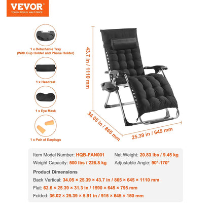 VEVOR Zero Gravity Chair, 26 inch Zero Gravity Recliner Lounge Chair for Indoor and Outdoor, Adjustable Anti Gravity Chair with Cushion, Headrest, Footrest, and Cupholder, 500 lbs, Black - View 6