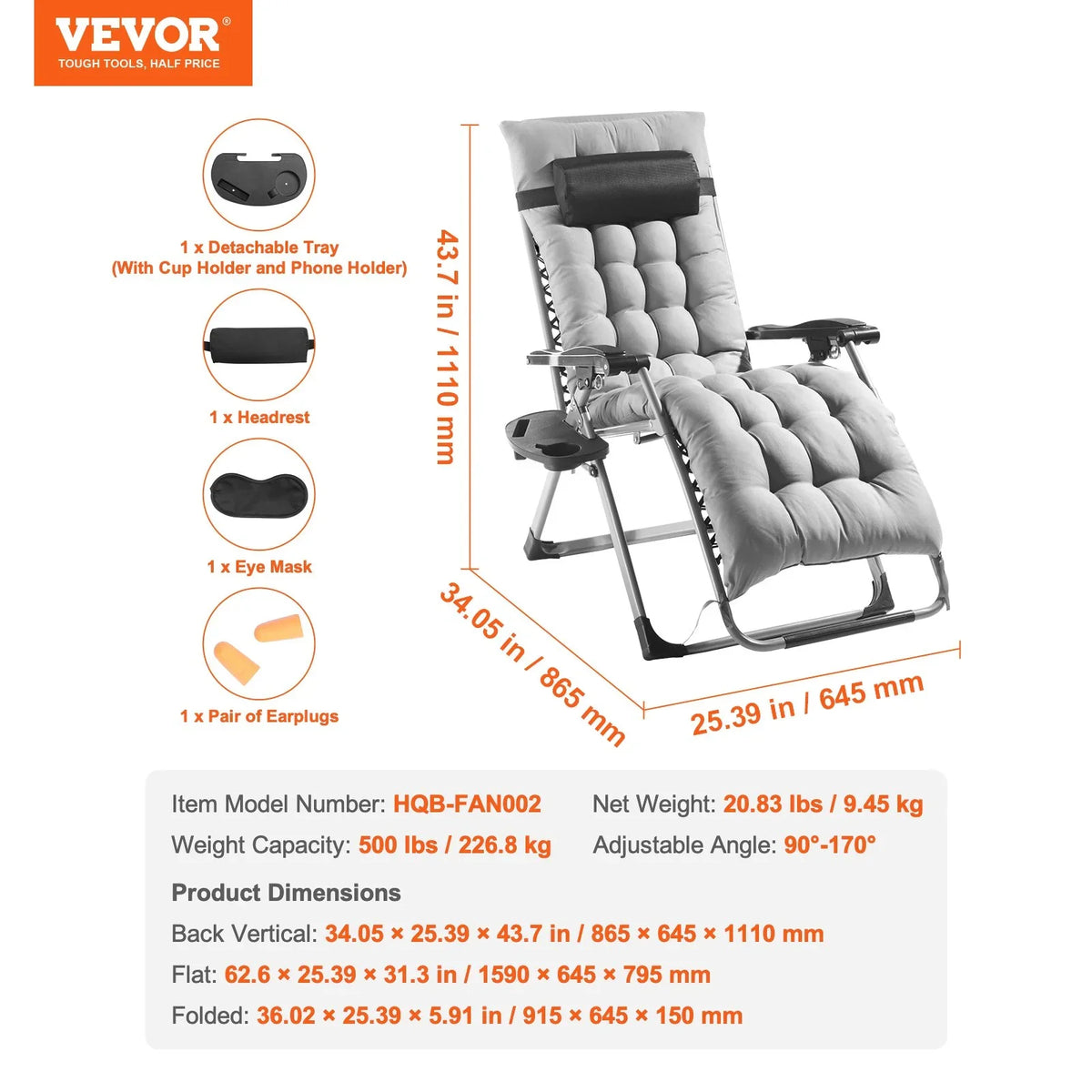 VEVOR Zero Gravity Chair 26" Zero Gravity Recliner Lounge Chair Indoor & Outdoor - View 7
