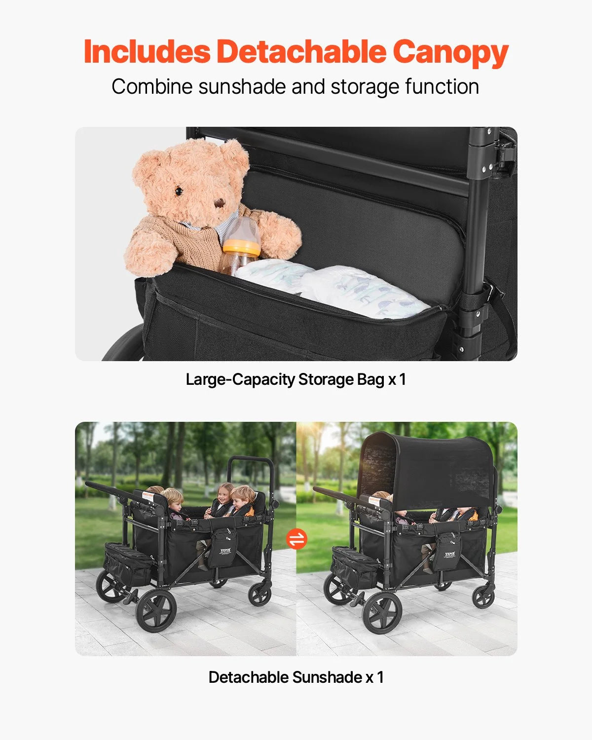 Wagon Stroller for 4 Kids Push Pull Quad Collapsible Stroller 330LBS Loading - View 4