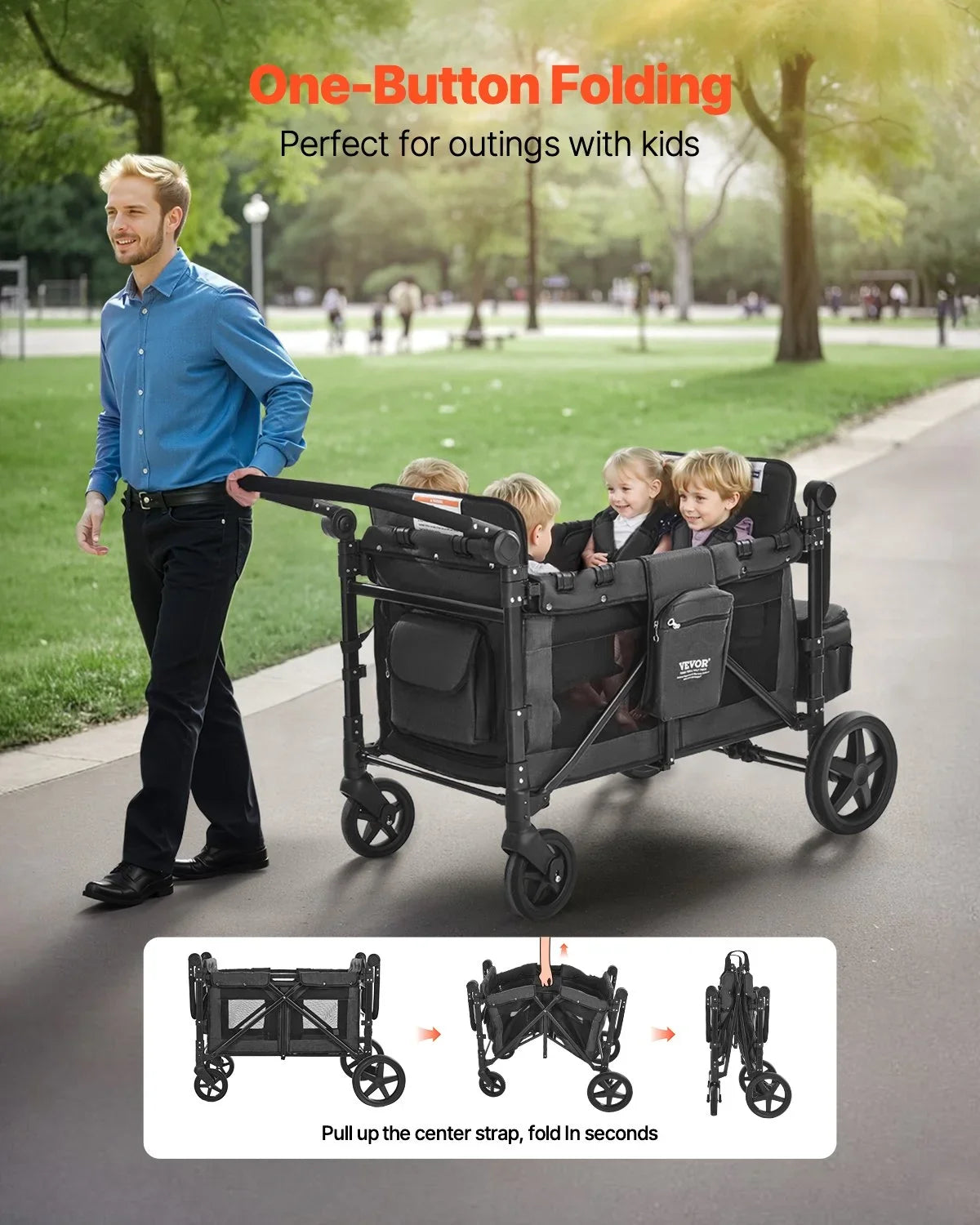 Wagon Stroller for 4 Kids Push Pull Quad Collapsible Stroller for Camping 330LBS