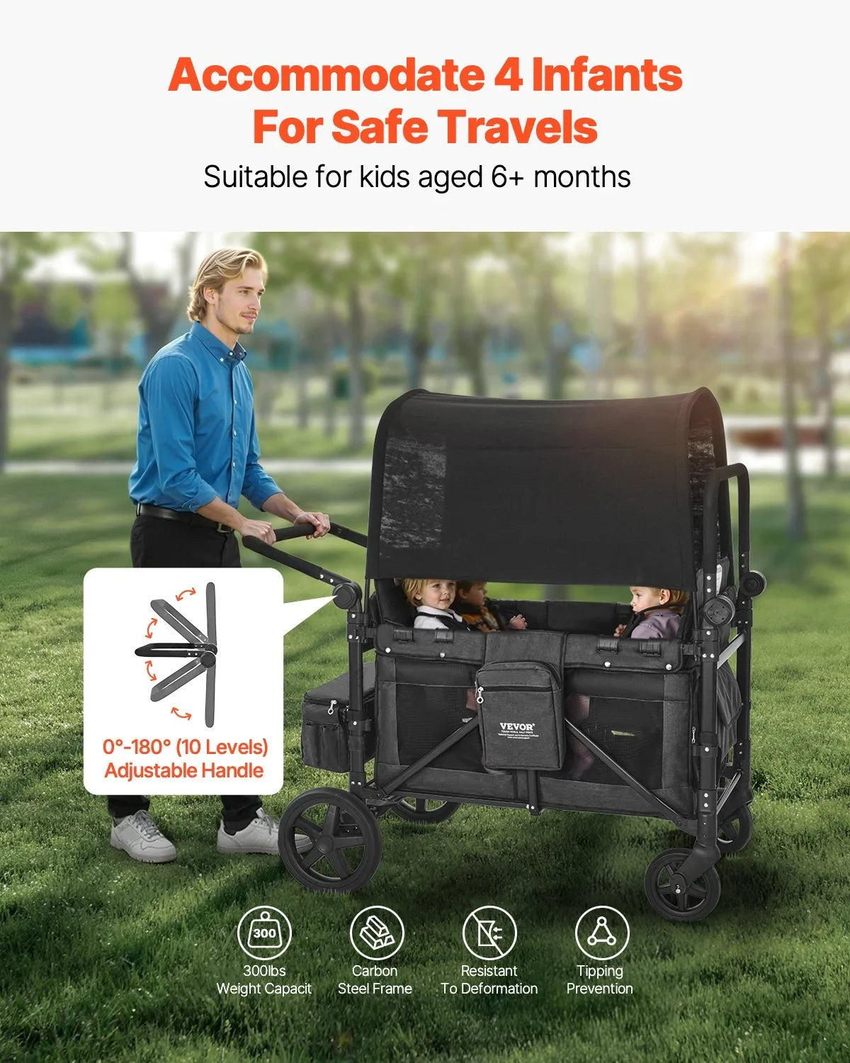 Wagon Stroller for 4 Kids Push Pull Quad Collapsible Stroller for Camping 330LBS - View 2