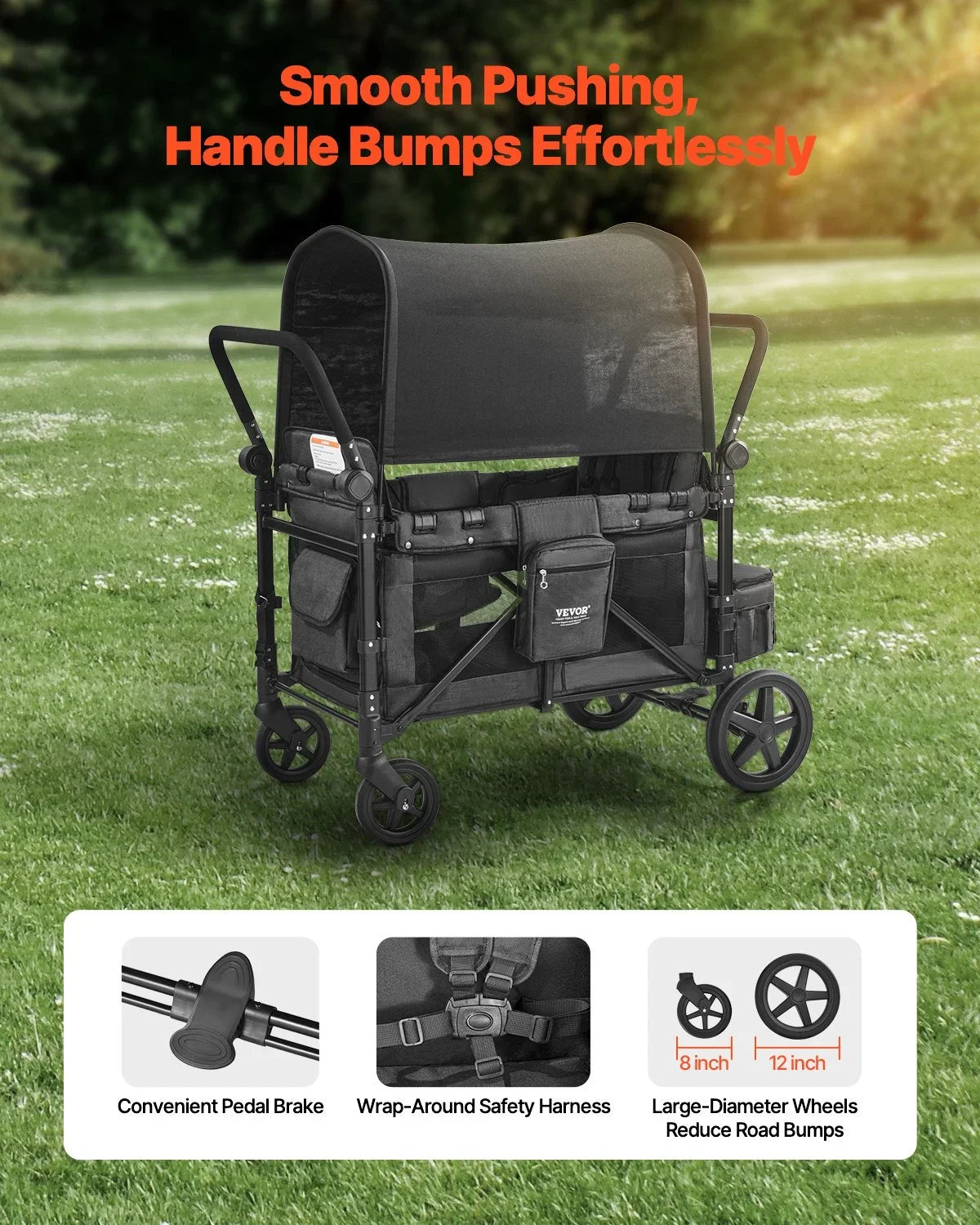 Wagon Stroller for 4 Kids Push Pull Quad Collapsible Stroller for Camping 330LBS - View 3