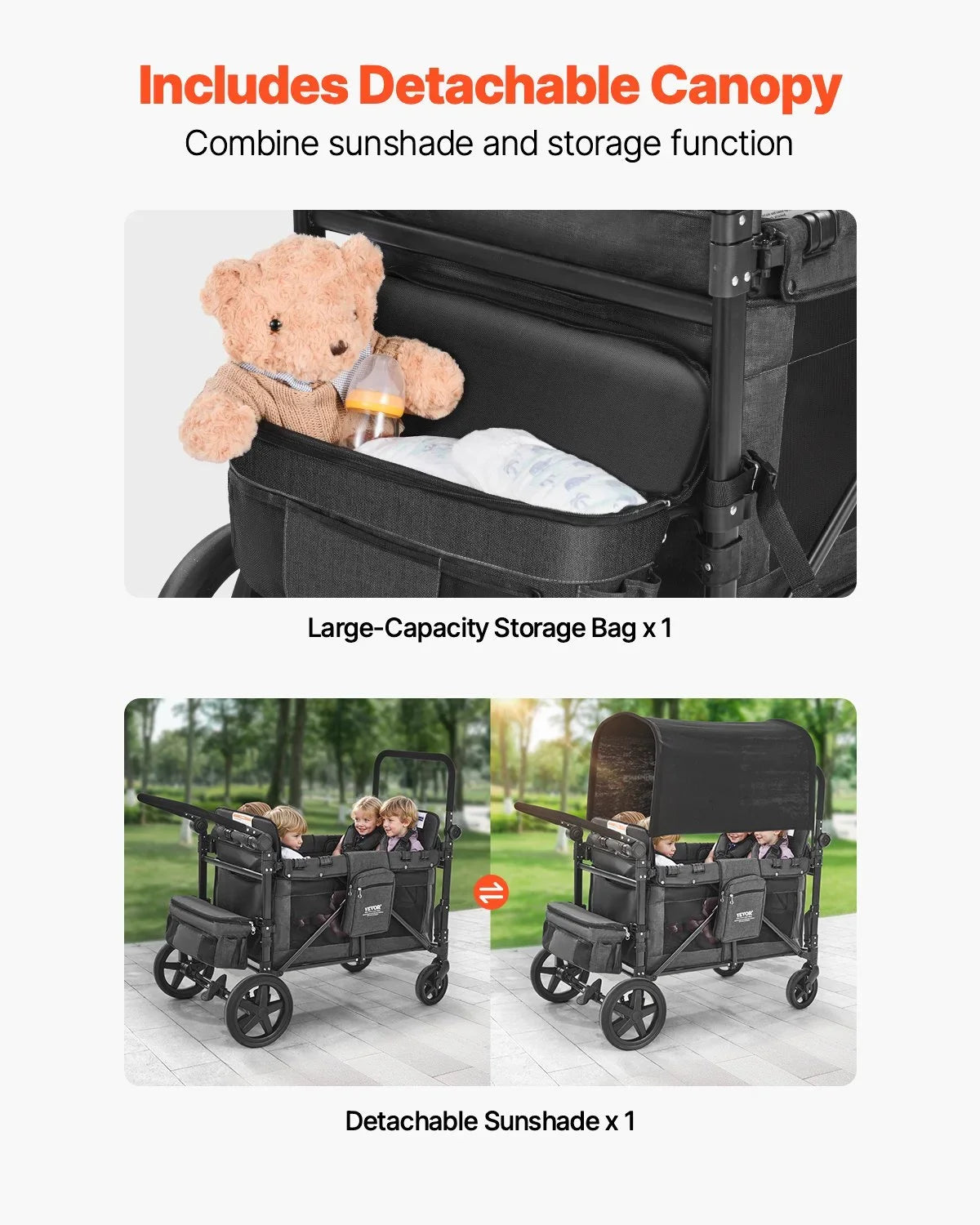 Wagon Stroller for 4 Kids Push Pull Quad Collapsible Stroller for Camping 330LBS - View 4