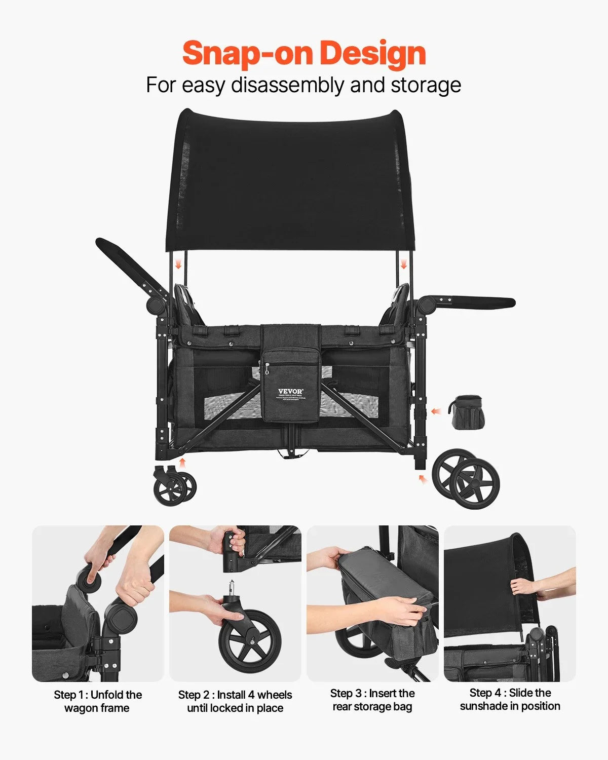 Wagon Stroller for 4 Kids Push Pull Quad Collapsible Stroller for Camping 330LBS - View 5
